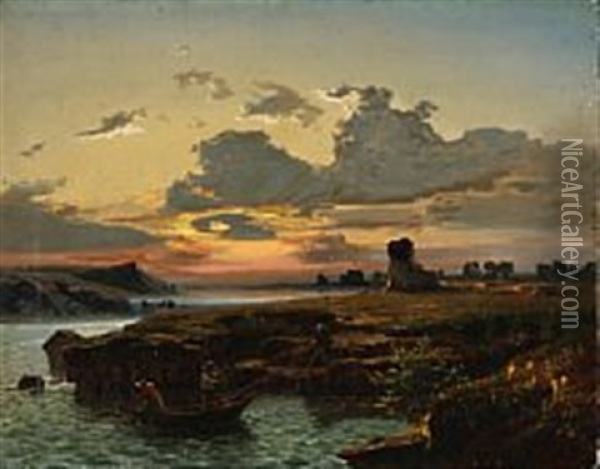 Fishermen At Sunrise Oil Painting - Adolf Hohneck