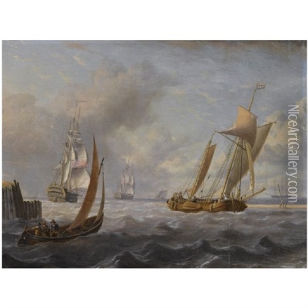 Fishing Boats And A Naval Vessel Off A Pier Oil Painting - Charles Martin Powell