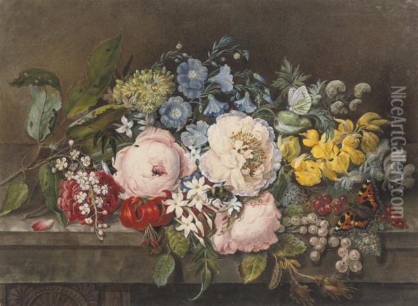A Still Life Of Summer Flowers, Butterflies And A Bumble Bee On A Stone Ledge Oil Painting - Harriet Cheney