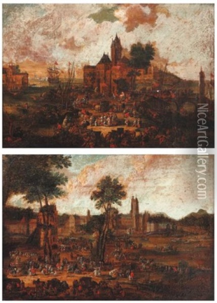 Vue D'une Ville Fortifiee (+ Vue D'un Port; Pair) Oil Painting - Pieter Casteels the Younger