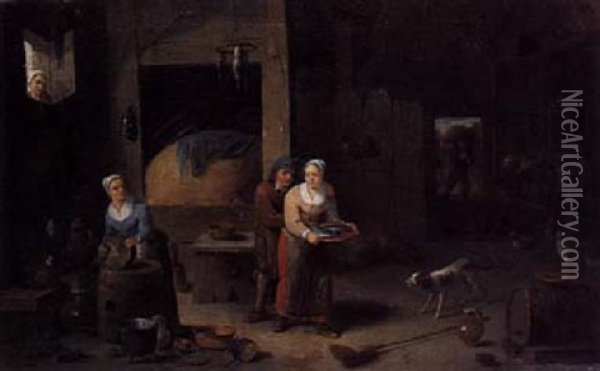 A Stable Interior With A Woman Scouring A Kettle, An Amorous Couple, Cows , Chickens And A Dog Oil Painting - Matheus van Helmont