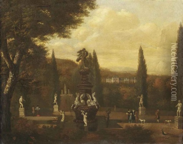 A Park Landscape With Elegant Figures Promenading Near A Sculpted Fountain, A Castle Beyond Oil Painting - Jan Blom