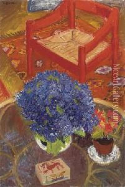 A Glass Table And A Red Chair Oil Painting - Spencer Frederick Gore