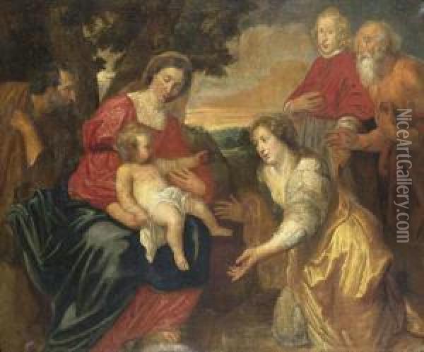 The Holy Family With Saints Catherine And Hieronymus And A Donor. Oil Painting - Antony Van Zylvelt
