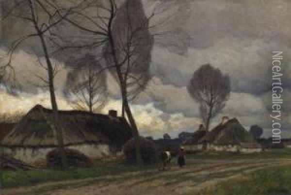 Reed-covered Farmers' Cottage In Dusk. Oil Painting - Eugen Kampf