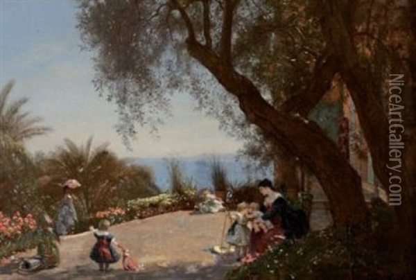 Sur La Terrasse (collab. W/henri Charles Antoine Baron) Oil Painting - Francois Louis Francais