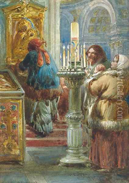 Figures at a shrine, St Isaac's Cathedral, St Petersburg Oil Painting - William Simpson