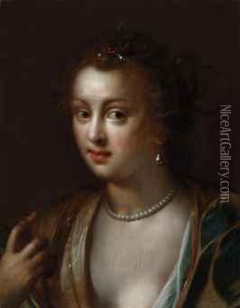 Portrait Of A Lady, Bust-length, As Berenice, Wife Of Ptolomy Iiiof Egypt Oil Painting - Gortzius Geldorp