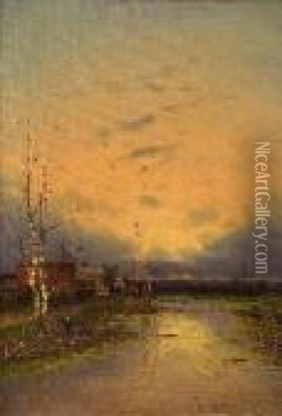 Abendliche Flusslandschaft Oil Painting - Johann Jungblutt