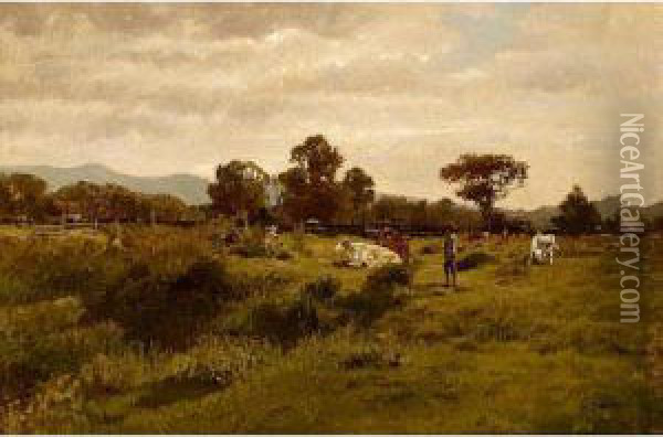A Herdsman With Cattle In A Landscape Oil Painting - Hermann Baisch