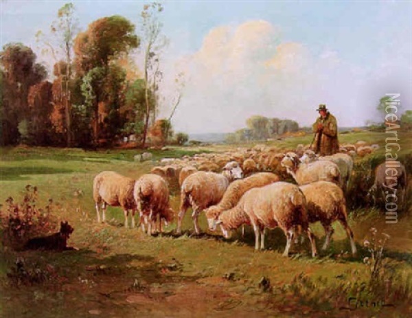 A Summer Landscape With A Shepherd And His Flock Oil Painting - Dominique-Adolphe Grenet de Joigny