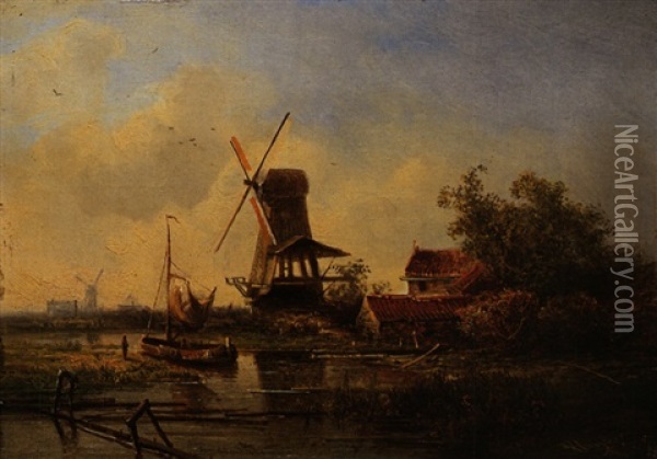 Kanallandschaft Mit Windmuhlen Oil Painting - Pieter Lodewijk Francisco Kluyver