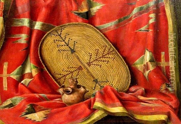 A Still Life Of A Native American Blanket, Basket And Clay Jug Oil Painting - Frederick John Behre