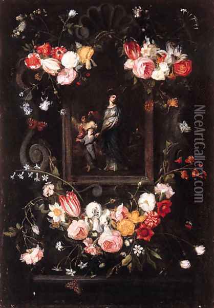 Garlands of flowers surrounding a picture of the Return from Egypt in a stone cartouche Oil Painting - Erasmus II Quellin (Quellinus)