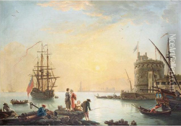 A View Of A Mediterrean Harbour Oil Painting - Claude-joseph Vernet