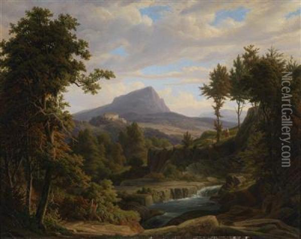 A Southern Landscape With A Waterfall And Apalace On A Hill Oil Painting - Jacob Philipp Hackert