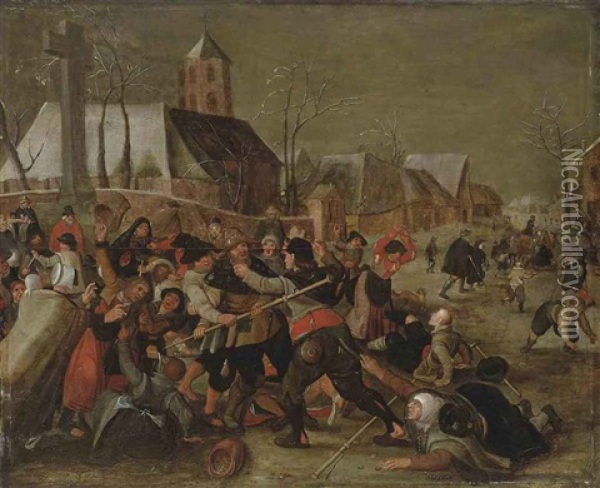 A Winter Landscape With Villagers Brawling Near A Church Oil Painting - Marten van Cleve the Elder