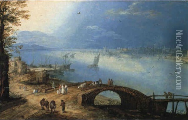 Capriccio With Peasants And Cattle On A Bridge By A Harbour Oil Painting - Hendrick van Cleve III