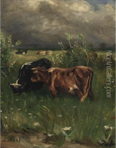 Cows In A Landscape Oil Painting - Johannes-Hubertus-Leonardus de Haas