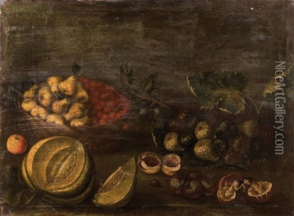 Nature Morte Au Melon D'eau (+ Nature Morte Au Panier De Fraises; Pair) Oil Painting - Andrea Del Verrocchio