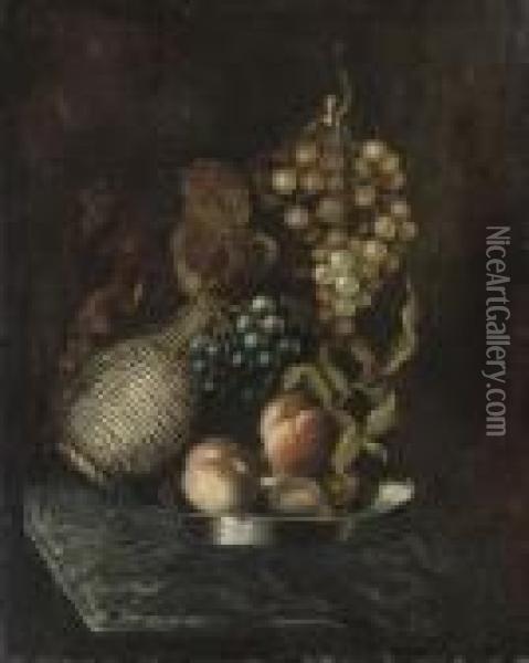 Peaches On A Pewter Plate, With A Wicker Ewer And Grapes To The Side Oil Painting - Jan Davidsz De Heem
