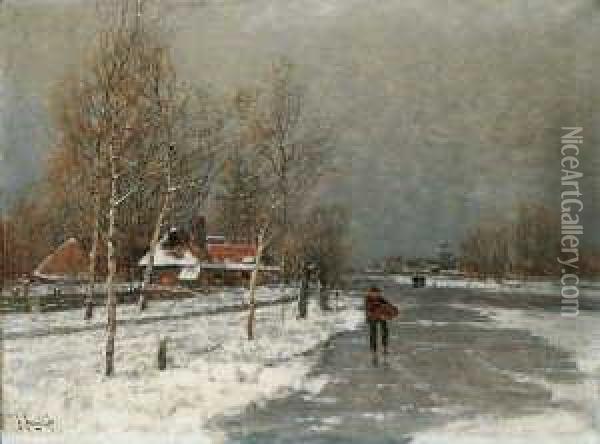 Winterlandschaft Mit Eislaufern. Oil Painting - Johann Jungblutt