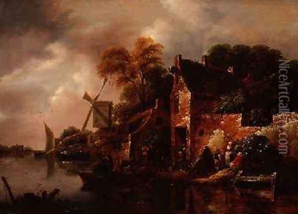 Houses and a Windmill by a River with Boats and Fisherfolk Oil Painting - Claes Molenaar (see Molenaer)
