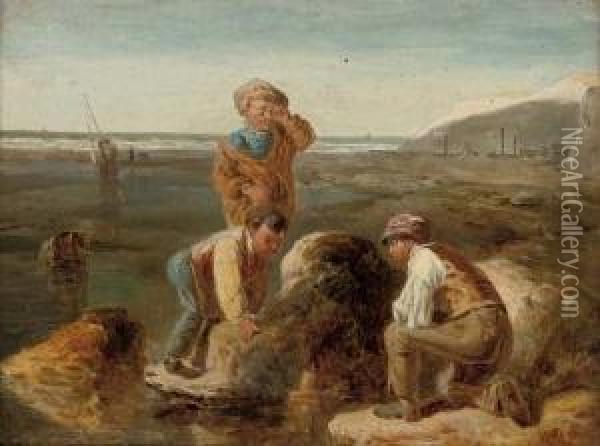 Three Boys Sailing A Toy Boat In A Rock Pool Oil Painting - William Mulready