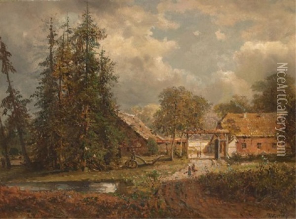Farm Houses In Approaching Storm Oil Painting - Hermann Herzog
