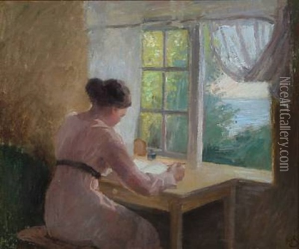 Interior With A Girl Writing At A Window With A View To A Summer Landscape Oil Painting - Henrik Schouboe