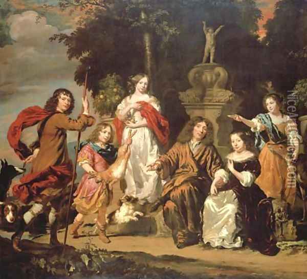 Group portrait of a family in an Italianate garden with an ornate fountain Oil Painting - Nicolaes Maes