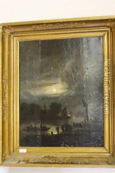 Pontje In Rivierlandschap Bij Maanlicht Oil Painting - Johannes Franciscus Hoppenbrouwers