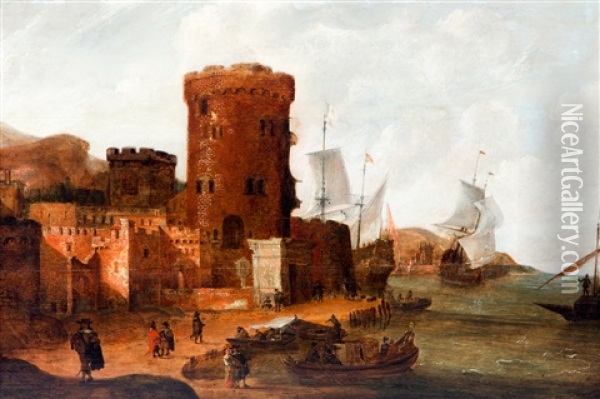 Capriccio Van Een Mediterrane Haven Met Vestingstoren, Schepen En Handelaren Oil Painting - Jan Abrahamsz. Beerstraten