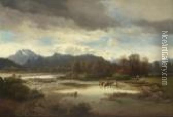 Oberbayerische Flusslandschaft
 (isartal Bei Tolz?). Oil Painting - Karl Millner