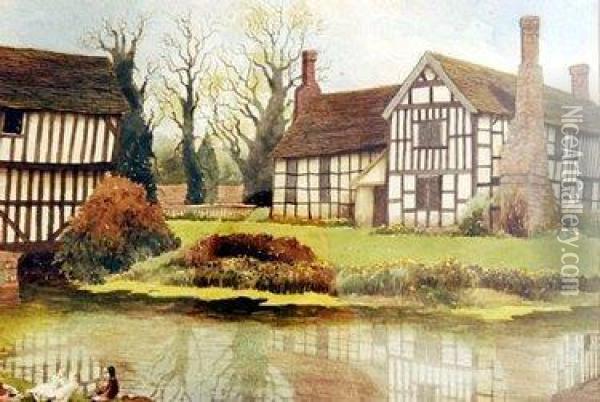 Beamed Cottages With Duck Pond To The Fore Oil Painting - Christopher Hughes