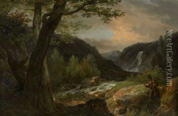 Promeneur Pres D'une Cascade Dans Un Paysage Oil Painting - Robert Leopold Leprince