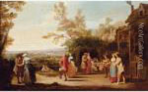 Country Folk Eating And Dancing Outside A Tavern Oil Painting - Pieter Angillis