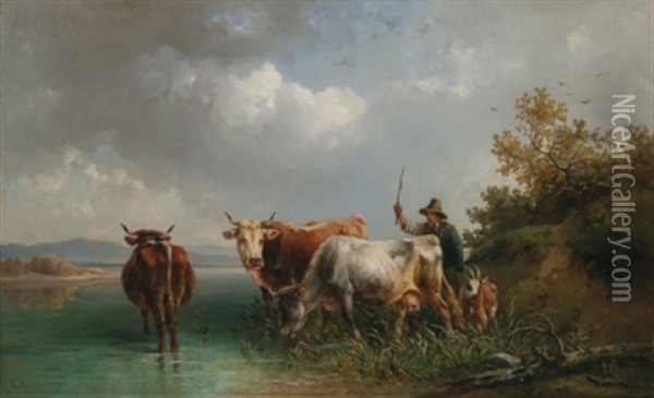 Kuhe Mit Hirte Am Flussufer Oil Painting - Edmund Mahlknecht