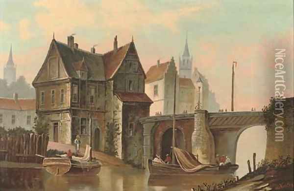 A Dutch canal side town with figures boating Oil Painting - Dutch School