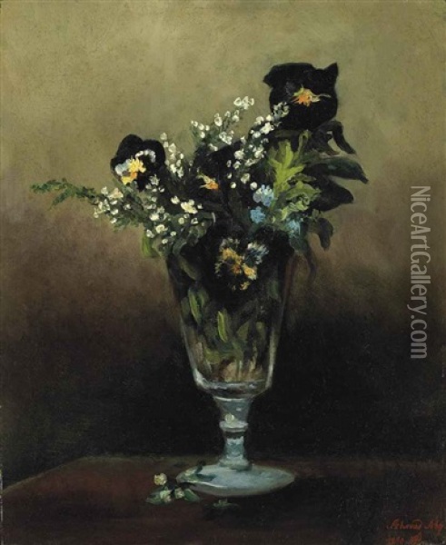 Dark Flowers In A Vase Oil Painting - Seker Ahmet Pasa
