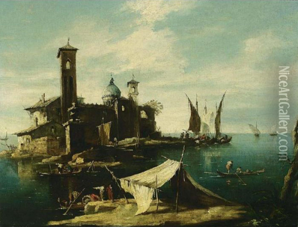 A Capriccio Of A Venetian Lagoon
 With Fishermen In Gondolas In The Foreground And A Fortified Island 
With A Church And Campaniles Nearby Oil Painting - Francesco Guardi