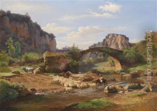 Southern Landscape With Sheep By A Ford Oil Painting - Johann Heinrich Hasselhorst