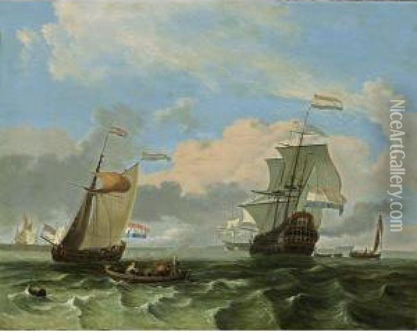 A Man-of-war And A States Yacht Together With Other Sailing Vessels In A Stiff Breeze, A Rowing Boat With Fishermen In The Foreground Oil Painting - Hendrik Rietschoof