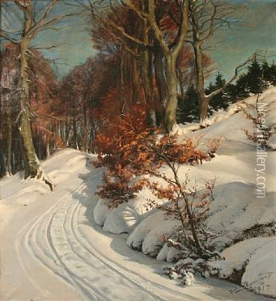 Winter Day On A Forest Road In Munkebjerg, Denmark Oil Painting - Hans Mortensen Agersnap