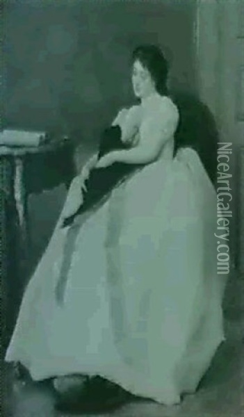 Sitzendes Madchen In Weissem, Voluminosem Ballkleid Mit     Einer Langen, Fliederfarbenen Schleife Oil Painting - Gustave Leonhard de Jonghe