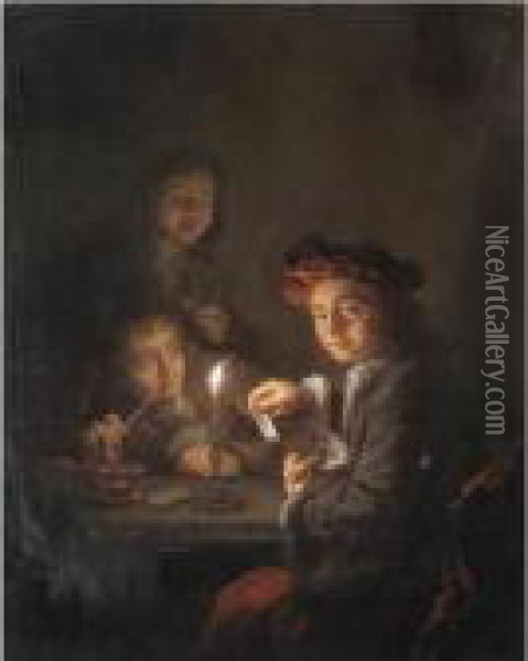 A Candlelit Interior With Boys Playing Cards Oil Painting - Arnold Boonen