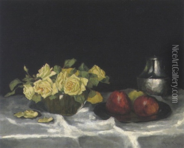 Stilleben Mit Weisen Rosen Und Apfeln Oil Painting - Josef Muehlbeck