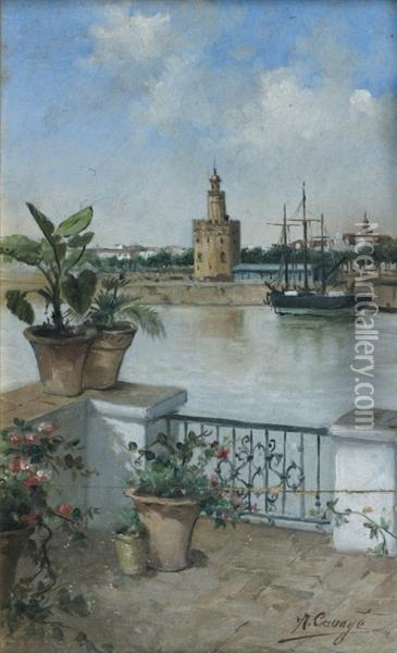Vue De Seville : La Torre Del'oro Sur Le Guadalquivir Oil Painting - Antonio Cavaye