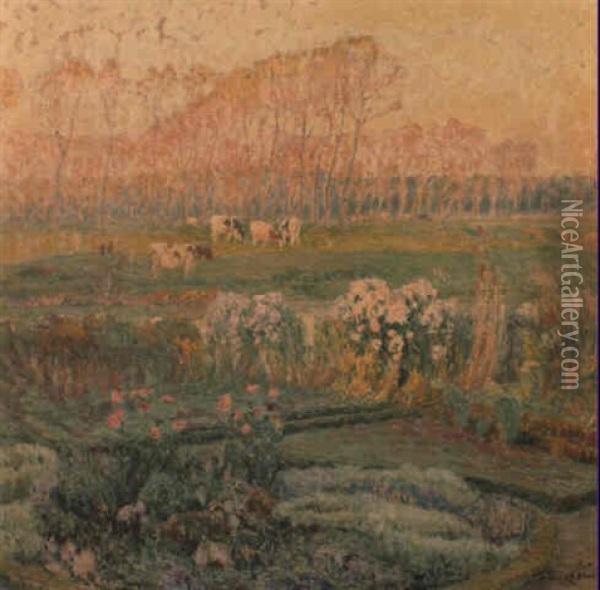 Landscape With Flowers And Cows In A Meadow Beside The Leie (lys) Oil Painting - Emile Claus