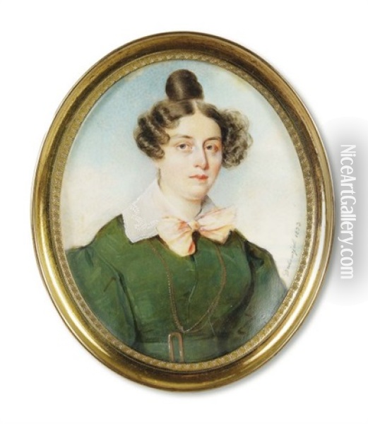 Une Jeune Femme En Robe Vert Olive, Col De Dentelle Et Haut Chignon A Rouleaux. Oil Painting - Savinien Edme Dubourjal